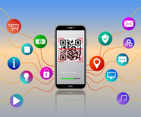 Scanning QR code using smartphone isolated on glossy table with colorful mobile app with media icons like online shopping cart, padlock, gears, money, location pin, shield and music. Secure payment