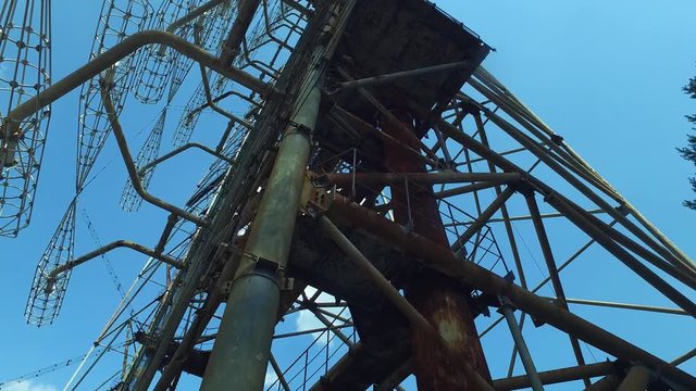 Low angle view of Duga radar System Array, Soviet over-the-horizon radar known as Russian woodpecker in Chernobyl