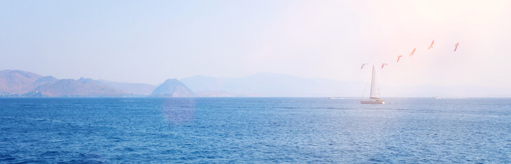 Parks/Outdoor image of Sailboat in the beautiful Mediterranean sea at the sunlight. banner