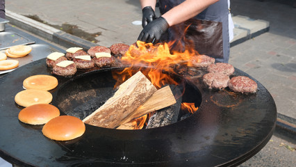 Fototapeta na wymiar Georgian cuisine, cooking beef steaks on an open fire