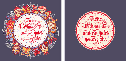 German text Frohe Weihnachten and Neues Jahr. Christmas typography.Christmas in Belgium, Austria, Liechtenstein, Switzerland.Happy Christmas in Deutschland.Xmas greeting card Weihnachtskarte.Neujahr 
