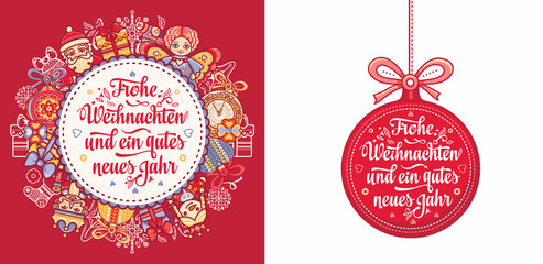 German text Frohe Weihnachten and Neues Jahr. Christmas typography.Christmas in Belgium, Austria, Liechtenstein, Switzerland.Happy Christmas in Deutschland.Xmas greeting card Weihnachtskarte.Neujahr 