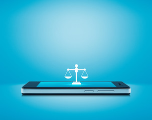 Law flat icon on modern smart mobile phone screen on wooden table over gradient light blue...