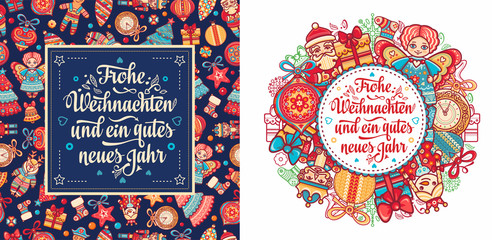 German text Frohe Weihnachten and Neues Jahr. Christmas typography.Christmas in Belgium, Austria, Liechtenstein, Switzerland.Happy Christmas in Deutschland.Xmas greeting card Weihnachtskarte.Neujahr 