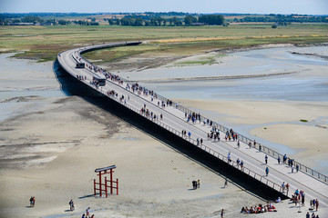 View of the surrounding landscape from the Medieval Abbey of Mont Saint Michel. Normandy. France