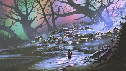 Tuinposter night scenery of snow village with colorful atmosphere, digital art style, illustration painting © grandfailure