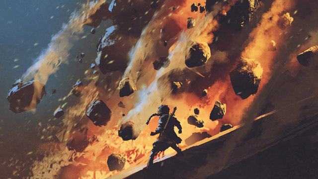 Fototapeta adventure girl stunned by the landslide and falling rocks, digital art style, illustration painting