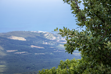 Black Sea view from Ai-Petri mountain. Light sunny summer day, Crimea, Russia.