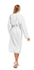 Beautiful young woman in bathrobe on white background, back view - obrazy, fototapety, plakaty
