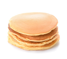 Stack of tasty pancakes on white background