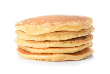 Stack of tasty pancakes on white background