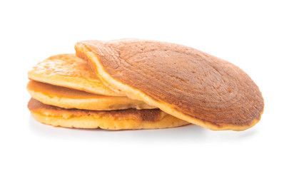 Tasty pancakes on white background