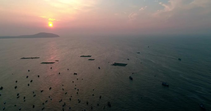 Top view, aerial view from drone. Royalty high quality free stock footage of Mui Ne fishing harbour or fishing village. Mui Ne fishing harbor is a popular tourist destination. Phan Thiet city, Vietnam