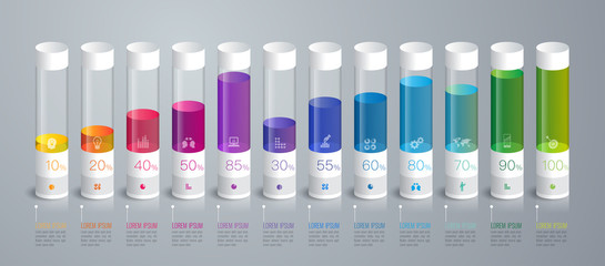 Graph design vector and business icons with 12 options. Use in corporate report, marketing, annual report. Network management data screen with charts, diagrams.