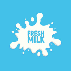 Label of white splash milk with drops. Fresh milk concept. Vector illustration in flat style.