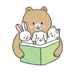 Cartoon cute back to school bear reading book and baby animals vector.