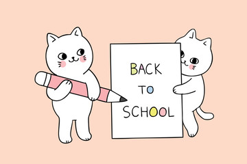 Cartoon cute back to school cat writing paper vector.