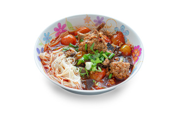 rice vermicelli with spicy pork sauce, Khanom Jin Nam Ngiao, northern Thailand traditional food.
