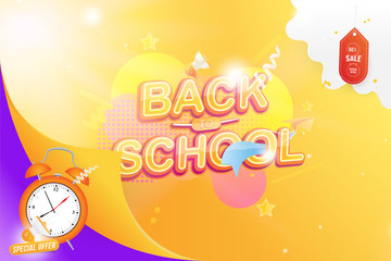 Banner Back to School. Summer Sale 50% Text effect with a paper airplane and a loudspeaker. Festive poster on the background with with alarm clock and light effects. Flat Vector Illustration EPS10