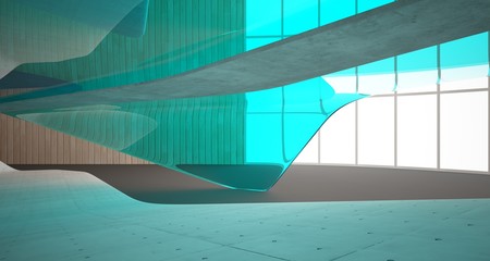 Abstract architectural wood and glass smooth interior of a minimalist house. 3D illustration and rendering.