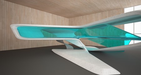 Abstract architectural wood and glass smooth interior of a minimalist house. 3D illustration and rendering.