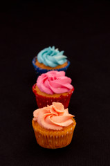 the Colorful homemade cupcakes on a black background