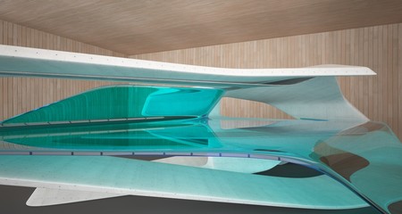 Abstract architectural wood and glass smooth interior of a minimalist house. 3D illustration and rendering.