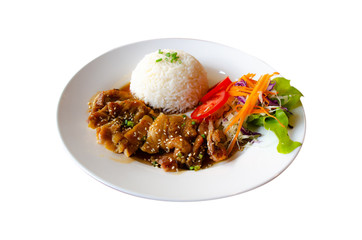 chicken teriyaki with rice on white dish ,isolate background,Clipping path.
