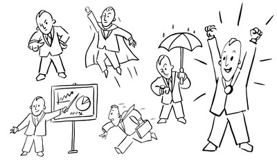 Office guy. Funny sketch. Vector illustration. Set from various emotional positions. Worker, superhero, coach, winner, late, angry, boss