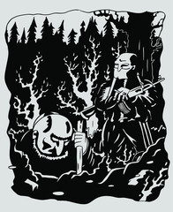 episode in the forest. thug with a gun, the victim is digging his grave. stylized comic vector illustration