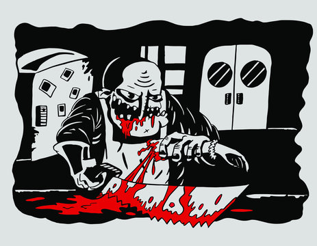 cannibal with a saw eats hand. Scary sketch for halloween