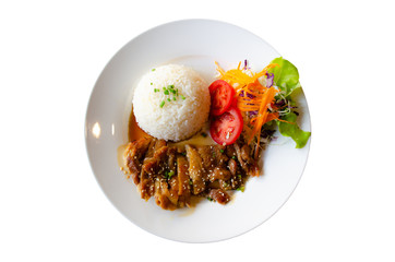 chicken teriyaki with rice on white dish ,isolate background,Clipping path.