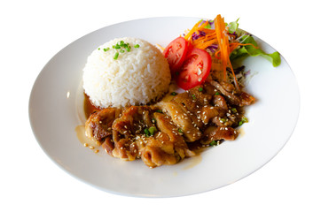 chicken teriyaki with rice on white dish ,isolate background,Clipping path.