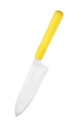 Sharp chef's knife with yellow handle on white background