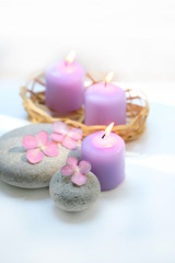 Obraz na płótnie Canvas Beautiful composition with candles, flowers hydrangea, spa stones on blurred white background. Spa therapy composition. Ritual for relaxation, meditation. soft selective focus, shallow depth