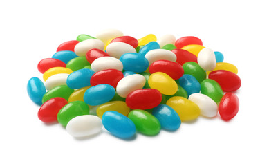 Pile of tasty bright jelly beans isolated on white