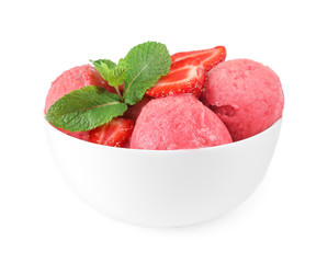 Delicious strawberry ice cream with mint and fresh berries in dessert bowl on white background