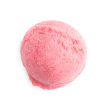 Scoop of delicious strawberry ice cream on white background, top view