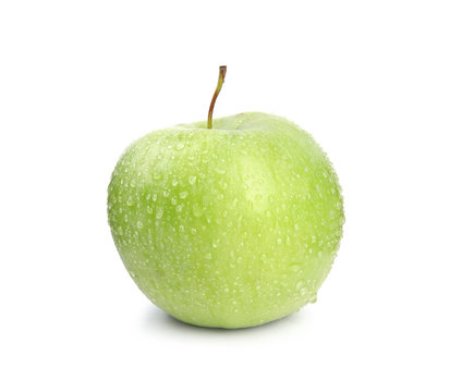 Fresh ripe green apple with water drops on white background