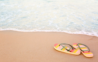 Stylish flip flops on sand near sea, space for text. Beach accessories