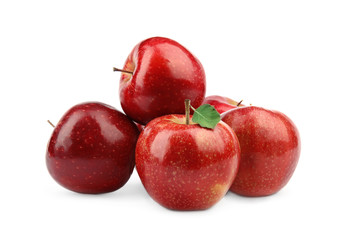 Ripe juicy red apples with leaf on white background