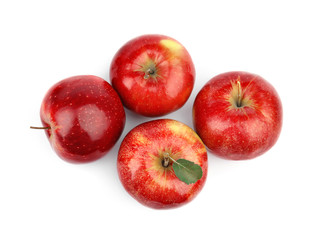 Ripe juicy red apples with leaf on white background, top view