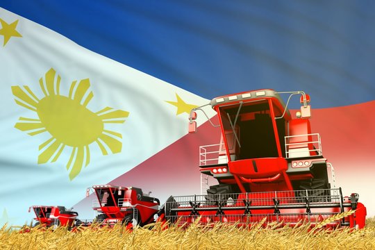 red rye agricultural combine harvester on field with Philippines flag background, food industry concept - industrial 3D illustration