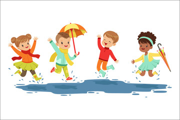 Cute smiling little kids playing on puddles, set for label design. Active leisure for children. Cartoon detailed colorful Illustrations