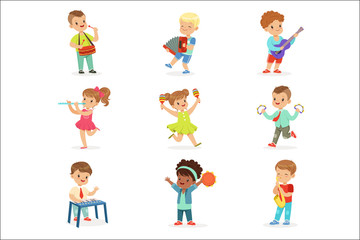 Cute children dancing and playing musical instruments, set for label design. Cartoon detailed colorful Illustrations