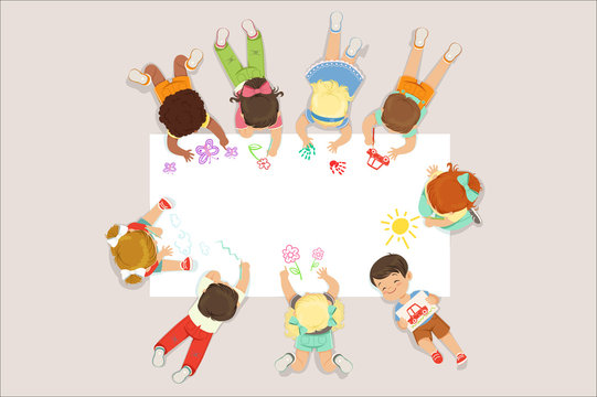 Cute litttle kids lying and drawing on big paper. Cartoon detailed colorful Illustration