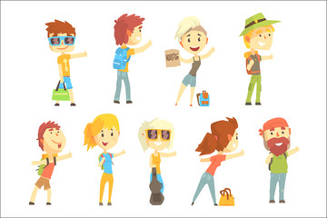 Hitch hike traveler person, set for label design. Cartoon detailed colorful Illustrations