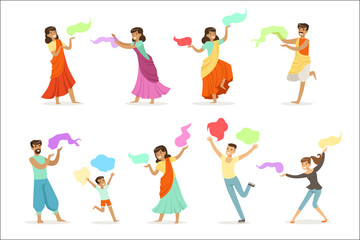 Fototapeta na wymiar Smiling people dancing in national Indian costumes set for label design. Indian dance, Asian culture, cartoon detailed colorful Illustrations