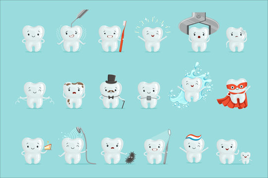 Cute teeth with different emotions set for label design. Cartoon detailed Illustrations