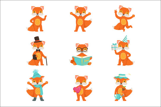Cute little fox cartoon characters set for label design. Colorful detailed vector Illustrations